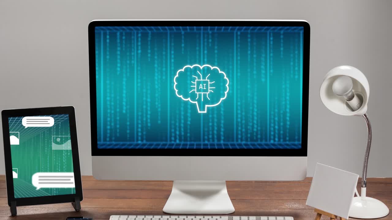 animación del icono de inteligencia artificial, procesamiento de texto y datos en la pantalla de la computadora