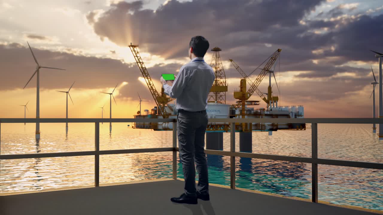 아시아 남성 직업 노동자가 녹색 화면 스마트폰과 함께 서있는 전체 몸의 뒷면, 해상 수소 생산, 첨단 산업 시설