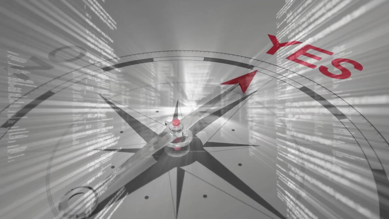 Semi-transparent code streams sliding inward activating animated compass dial rotating toward YES