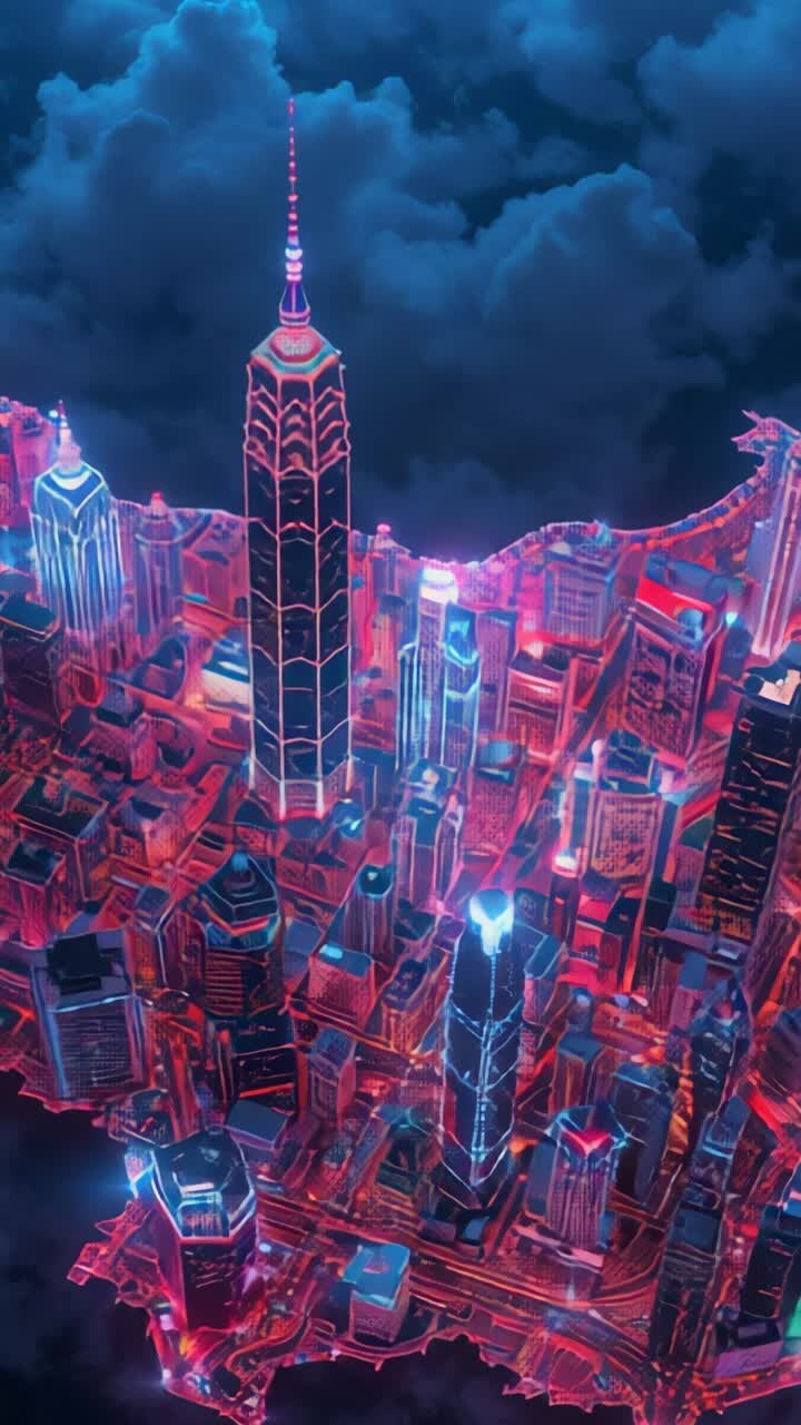 Vídeo vertical: drone sobrevoando uma cidade neon em meio a nuvens, pináculo pulsante e luzes de rua