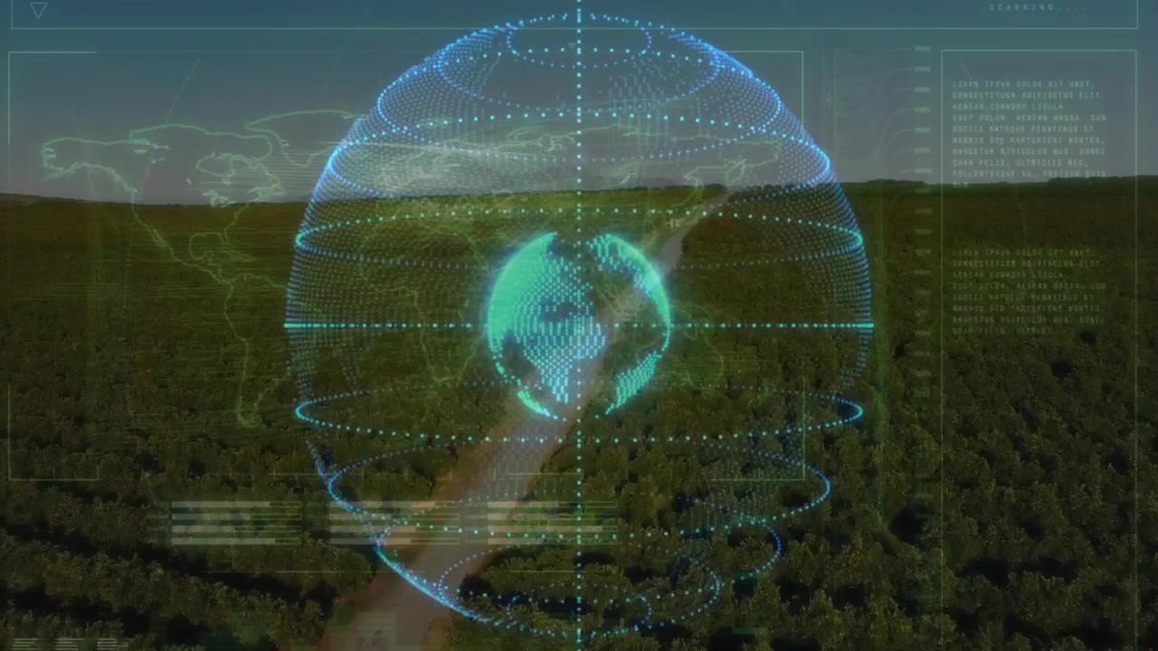 Hand with smartwatch touching hologram globe causing pulsing rotating panels sliding into data view