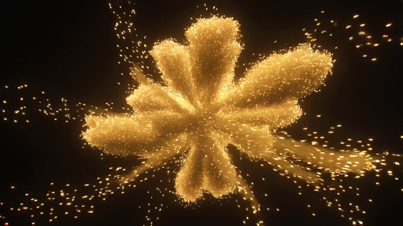 Nucleo centrale che invia particelle d'oro su un vuoto nero, si gonfia in lobi a petalo formando un'aureola per il design.