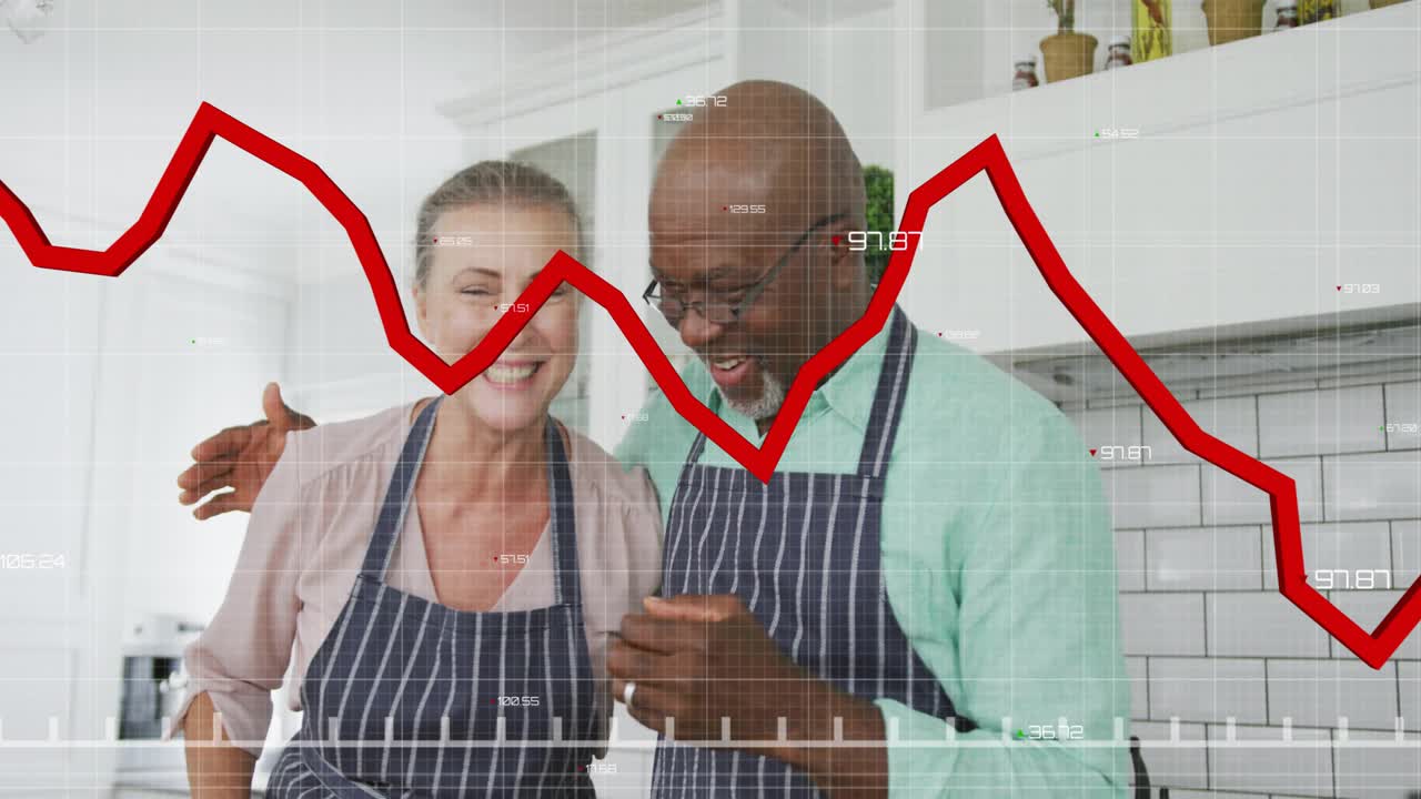 Senior man tasting after red graph fluctuation, mature woman reacting to data in food tech demo