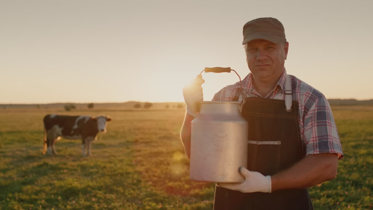 초원을 배경으로 우유 캔을 들고 있는 우유 배달원의 초상화