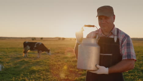 Portrait-of-a-milkman-with-a-milk-can-against-the-background-of-the-meadow