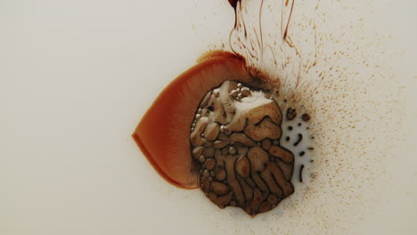 top shot of a ferrofluid contracting due to magnet underneath the white background