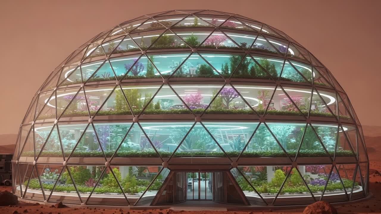 A Futuristic Biodome on Mars Showcasing Lush Greenery and Advanced Hydroponic Systems, Illustrating Humanity's Ambition to Sustain Life on Other Planets