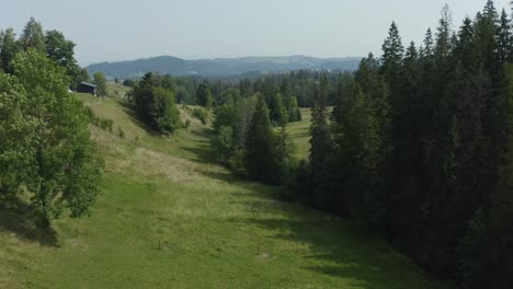 Green-Hilly-Slopes-of-the-Countryside-in-Cyrhla,-Zakopane,-Poland-Aerial