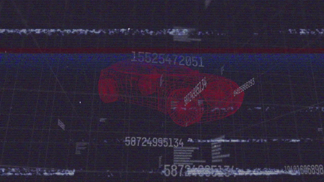 Animation of vhs glitch effect over data processing and changing numbers against 3d car model