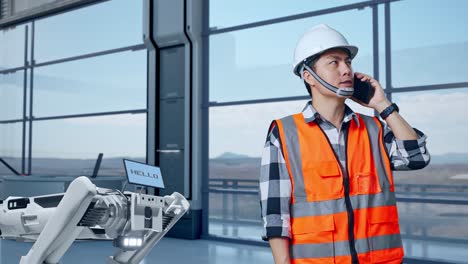 ingeniero asiático con casco de seguridad hablando en teléfono inteligente mientras está de pie en una fábrica de alta tecnología, analizando el concepto de máquina robótica