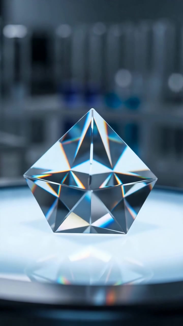 Clear faceted crystal pyramid sits centered on glowing circular platform in modern laboratory setting, with blue highlights, reflections, and blurred