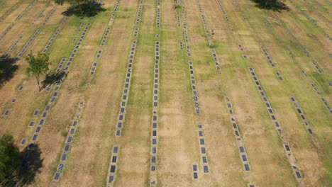 Wide-aerial-shot-flying-over-rows-of-headstones-in-a-burial-law-at-a-mortuary-in-California