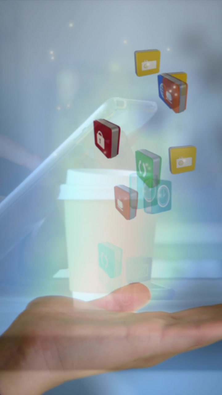 Animation of falling social media icons over women using tablet