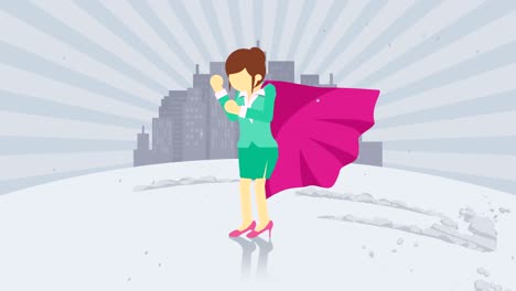 superhero standing on city background. dust dance. business woman symbol. leadership and achievement concept. comic loop animation.