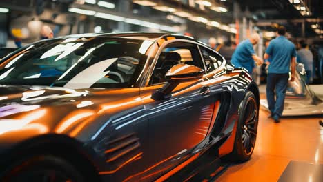 luxury sports car assembly at a factory during the day with workers present