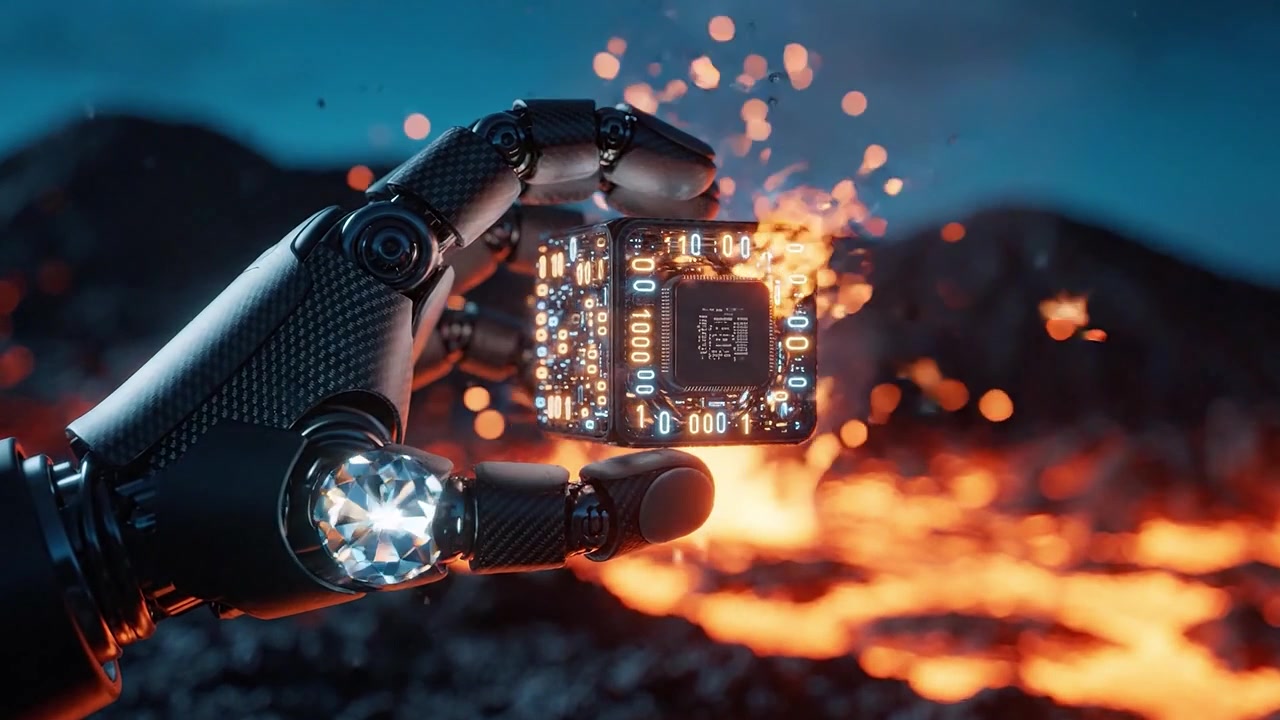A robotic hand holds a glowing microchip while surrounded by molten lava in a dramatic volcanic landscape, depicting the fusion of technology and nature's power.