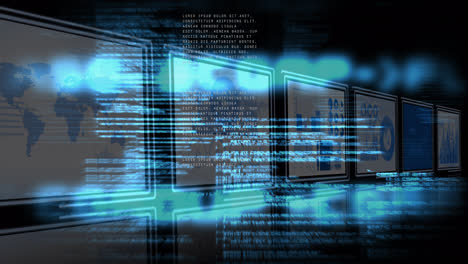 animation of data processing over digital screens with diverse data in digital space