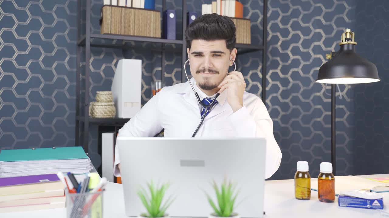 He is using a stethoscope in his doctor's office and is not happy with the situation.