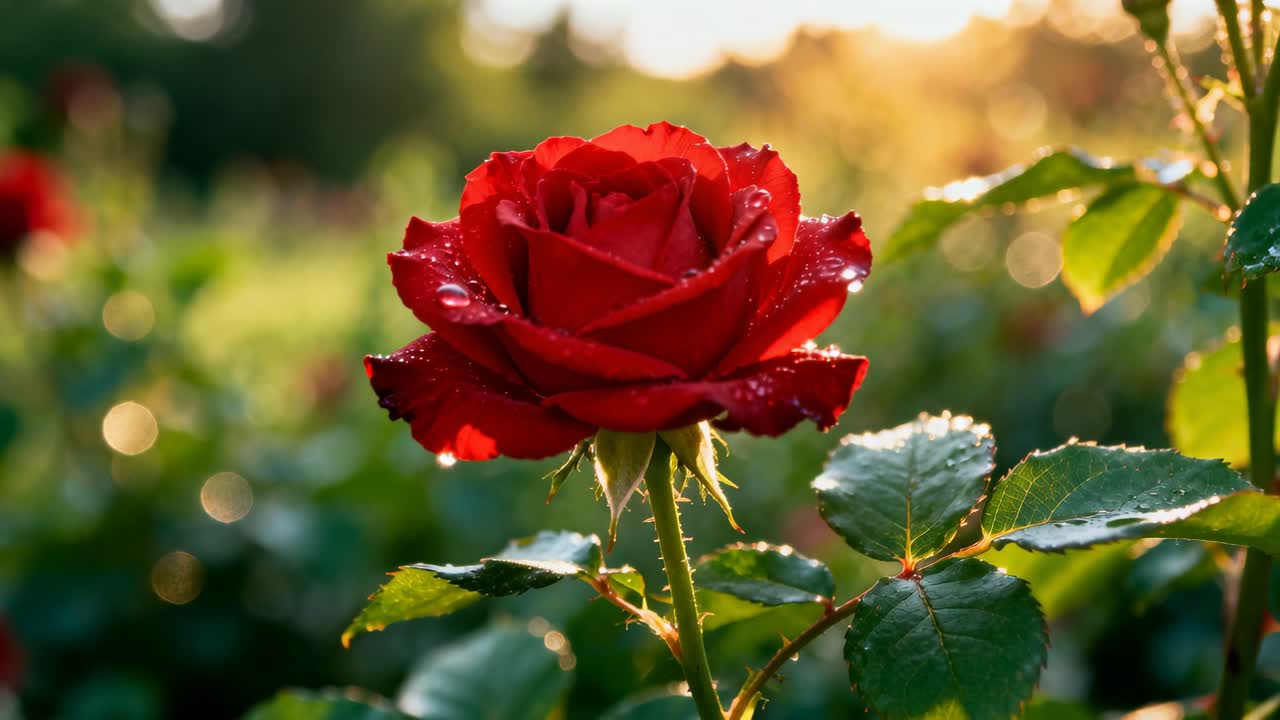 Luce solare che colpisce un bocciolo di rosa rossa da giardino, facendo scintillare le gocce di rugiada, con la brezza che agita le spine.