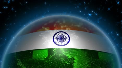 india flag strung on planet earth. abstraction of a globe with the contours of the continents.