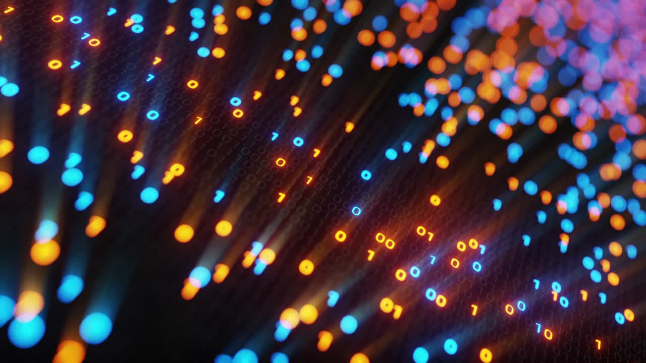 abstract sin costuras azul y naranja código digital binario matriz fondo vj bucle con llamarada.