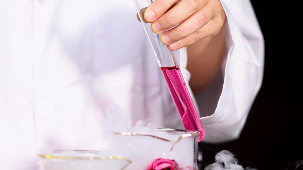 과학자는 건조한 얼음과 컵으로 실험을 수행합니다.