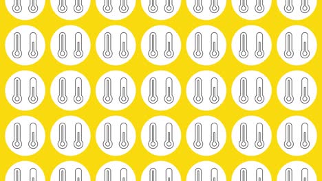 icono de termómetro en círculo blanco con patrón de línea dinámica negra en un fondo amarillo. patrón dinámico de bucle sin costuras con símbolos regulares girando alrededor