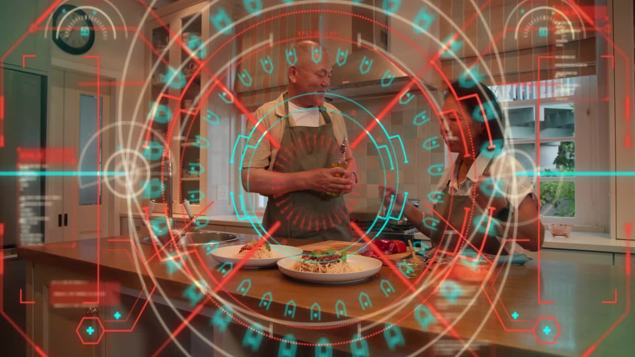 Woman starting plating at island, man pouring sauce while HUD obscuring hands for food presentation