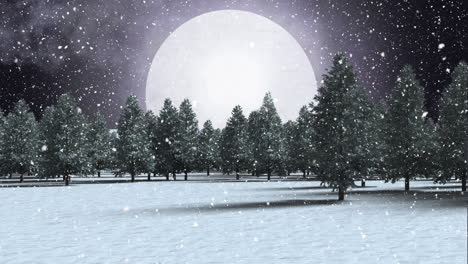 digital animation of snow falling over trees on winter landscape against moon in night sky