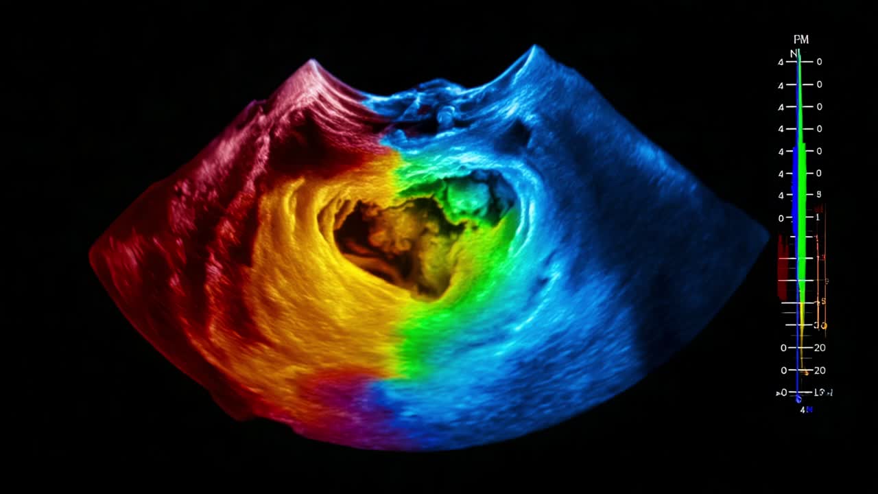 Vivid Ultrasound Imaging of a Heart Shaped Structure Revealing Dynamic Color Patterns and Textures, Capturing the Intricacies of Internal Anatomy and Fluid Dynamics in Real-Time Visual Representations