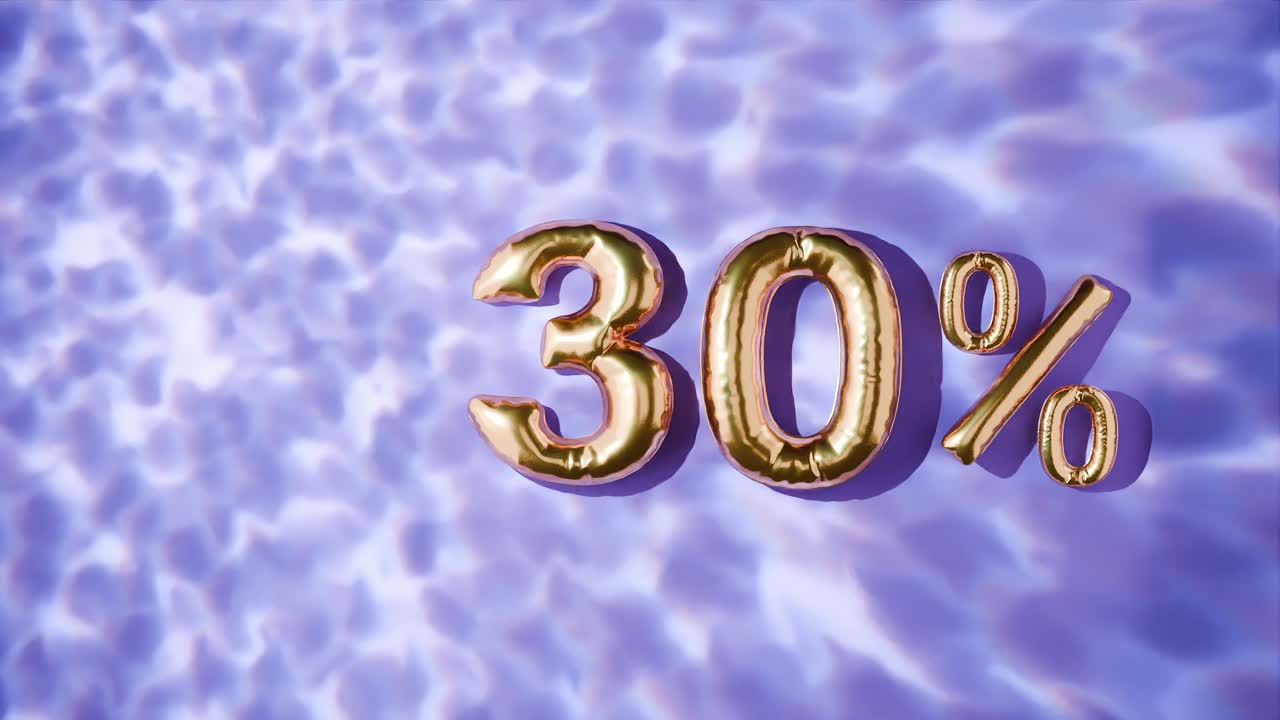 30% dorado flotando por encima de las ondas de agua en fondo púrpura