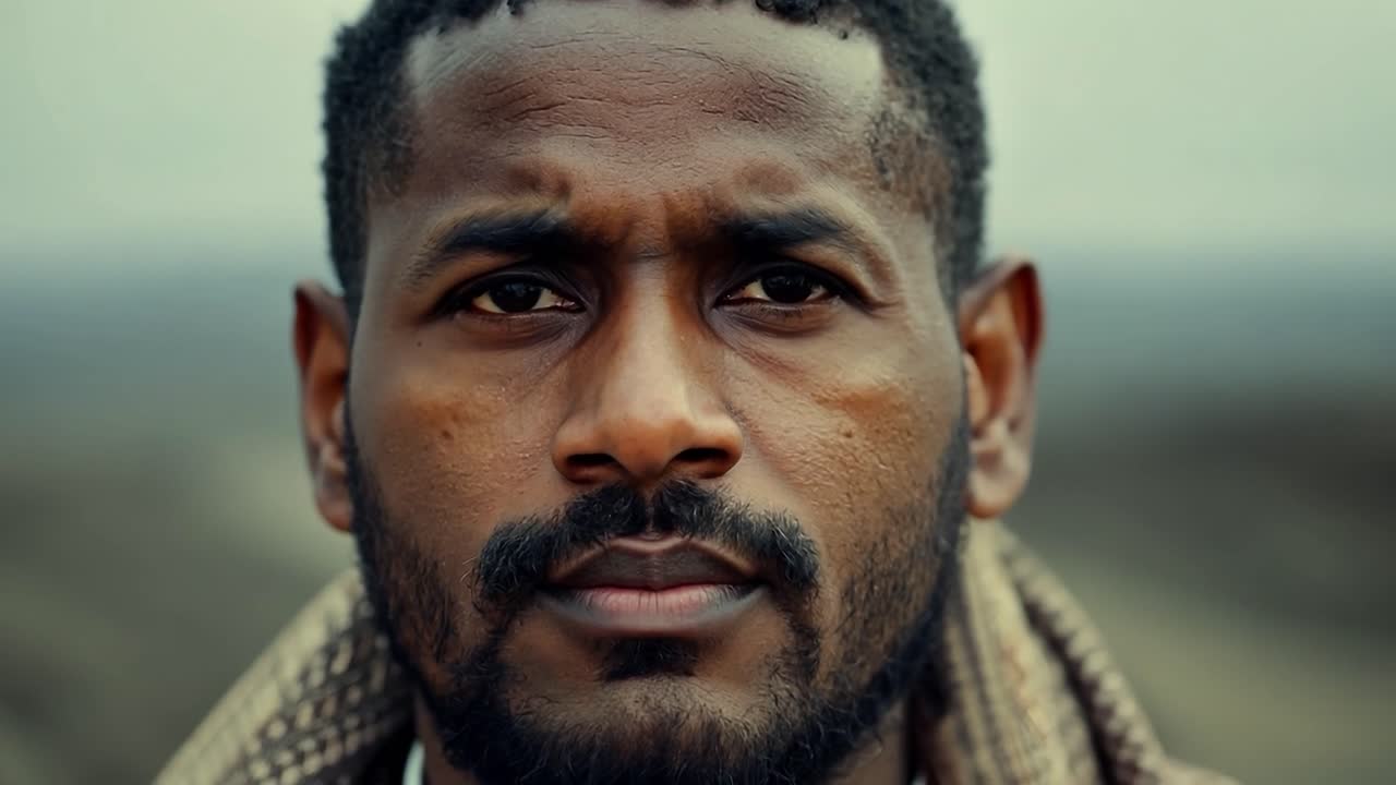 심각한 외모의 아프리카계 미국인 남자의 클로즈업 초상화