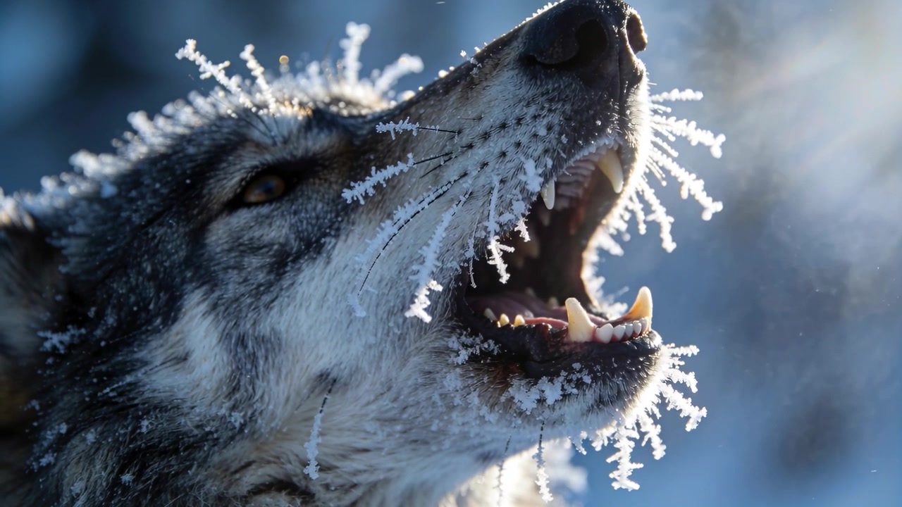 En voksen ulv, der giver lyd fra sig, ånder kold luft ind og åbner munden i en frostklar taiga, med rimfrost, der glitrer.