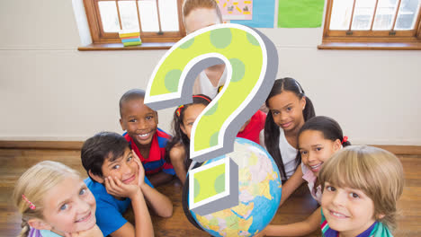 animation of green question mark over diverse elementary school class around globe in classroom