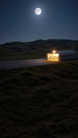moonlight over a rural airport hangar shrouded in clouds