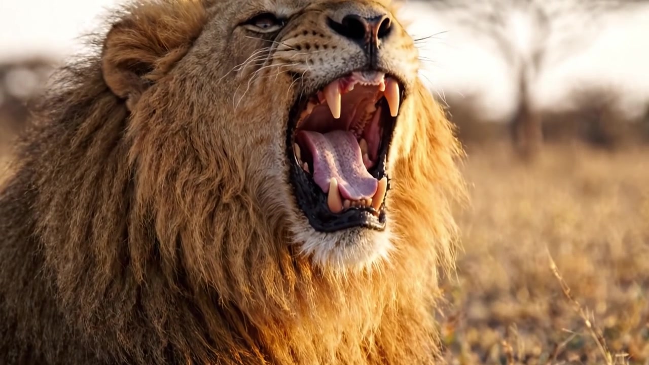 Singa Megah di Serengeti: Close-Up Surai Agung dan Tatapan Tajamnya yang Tertangkap dalam Cahaya Keemasan Matahari Terbenam, Menyoroti Kekuatan dan Keindahannya