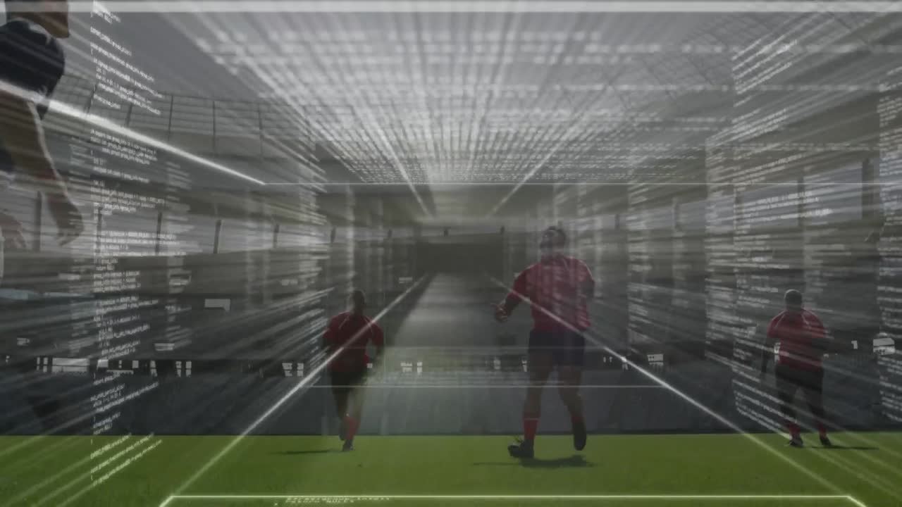 Animation of data processing over rugby players at stadium