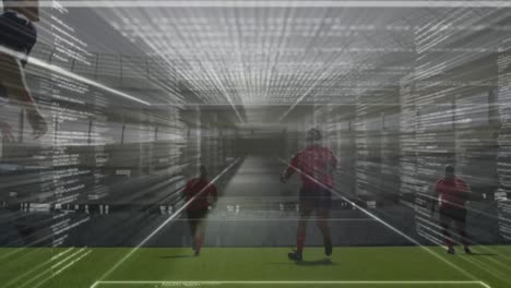 animation of data processing over rugby players at stadium