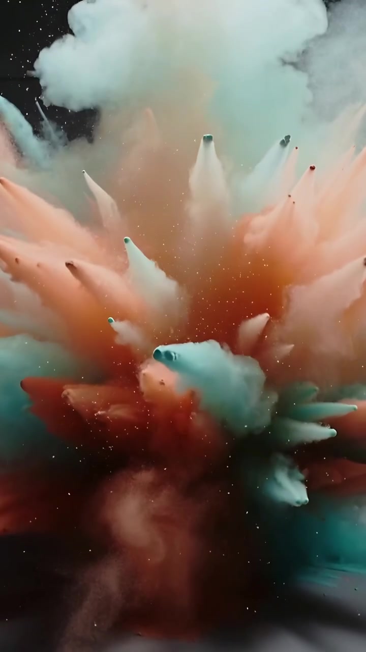 Vertical video: Bursting from center, teal pigment cloud fanning outward in set with glitter as art