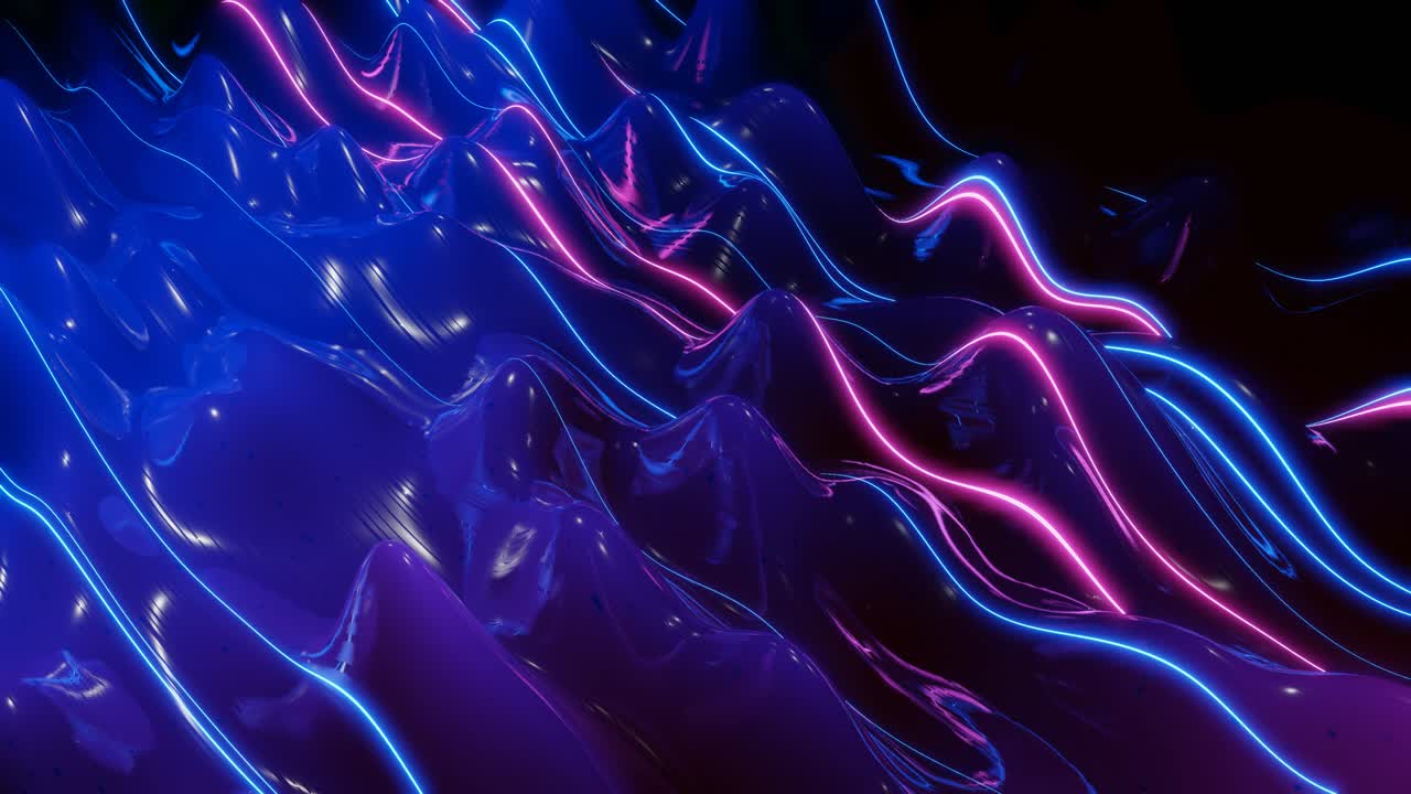 абстрактная 3d-поверхность с красивыми волнами, светящимися блесками и ярким цветовым градиентом синий фиолетовый и светящиеся линии. волны работают на очень блестящей, глянцевой поверхности с блестящим блеском.