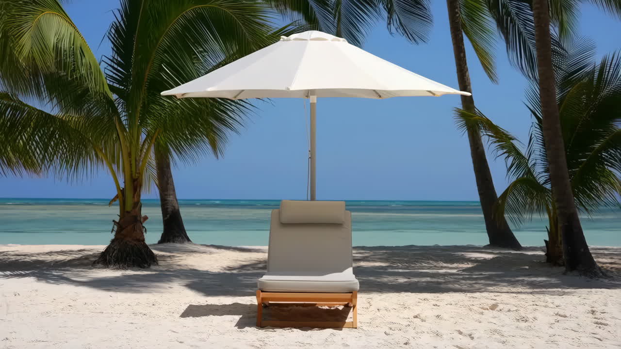 Tropical Beach Scene with Lounge Chair and Umbrella