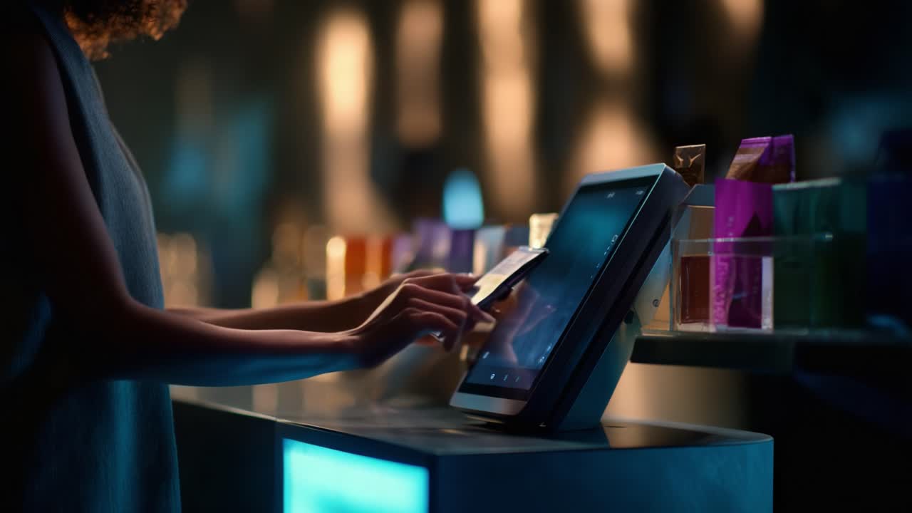 A close-up view of a user interacting with a modern touchscreen payment terminal in a dimly lit setting, emphasizing the convenience of digital transactions using smartphones
