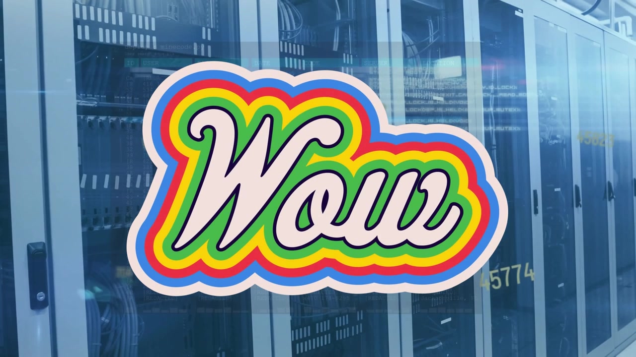 Animation af databehandling og teksten "wow" over et serverrum