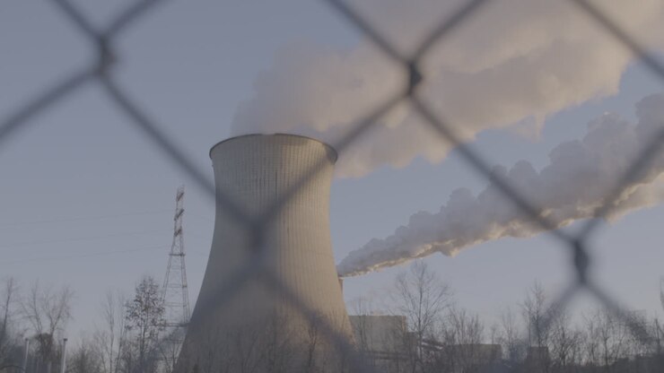 smoke stack from behind fence in slo-mo