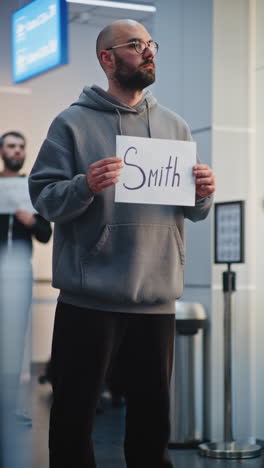 person holding sign at airport