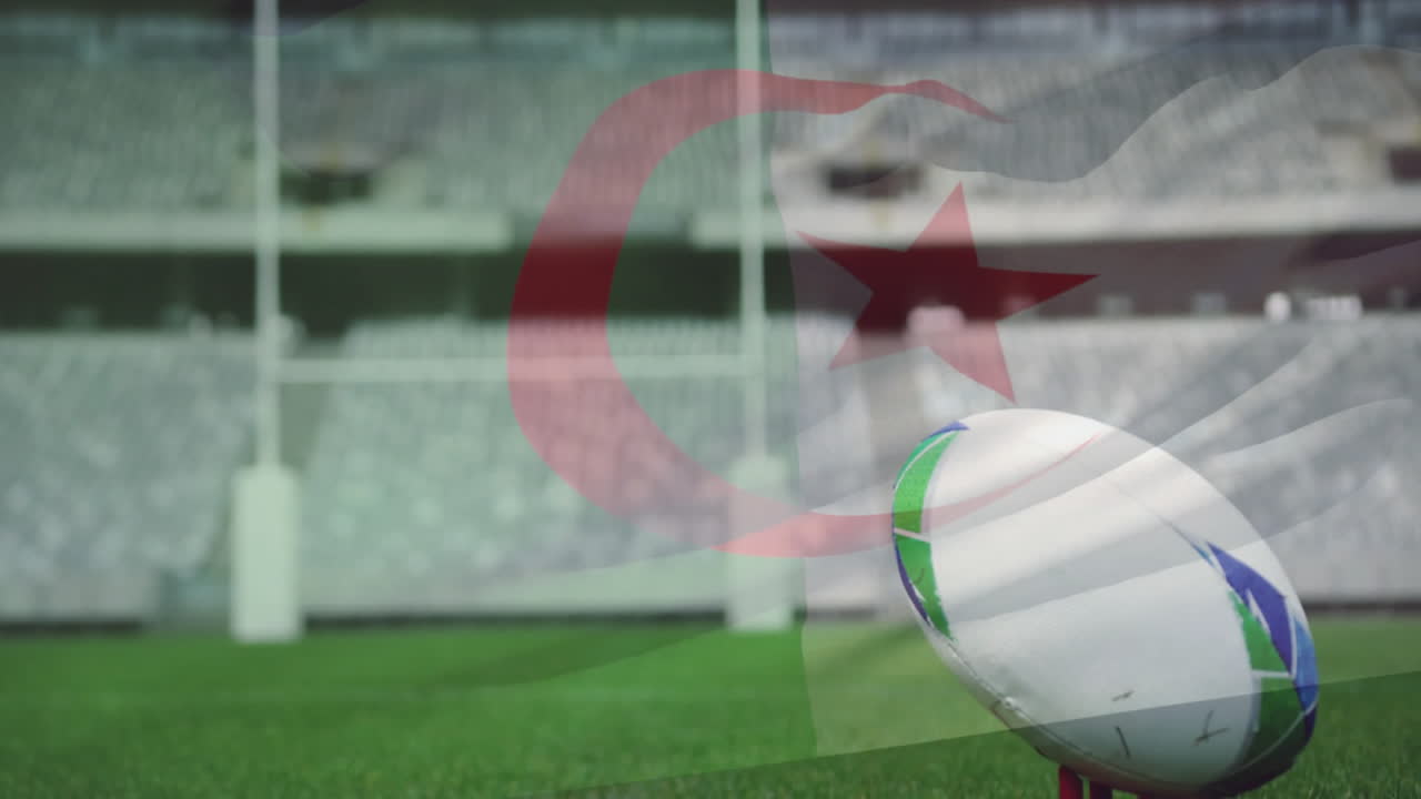 Rugby ball on field with goalposts over Algeria flag animation
