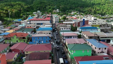 Colorful-houses-with-tin-roofs-in-downtown-Soufriere,-Saint-Lucia