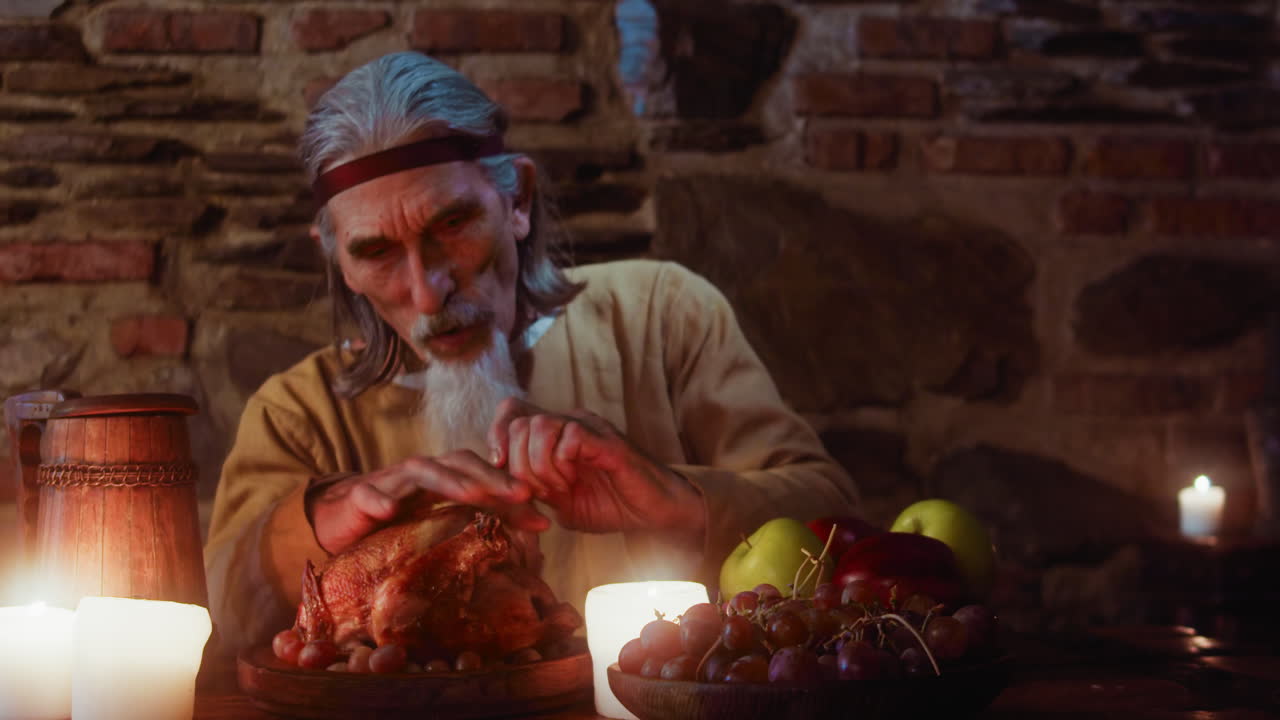 노인이 술집에 앉아 먹고, 배고픈 회색 머리 귀족은 왕의 성에서 풍부한 식사를 즐기고, 염소 수염을 가진 노인은 잔치에 참석합니다.