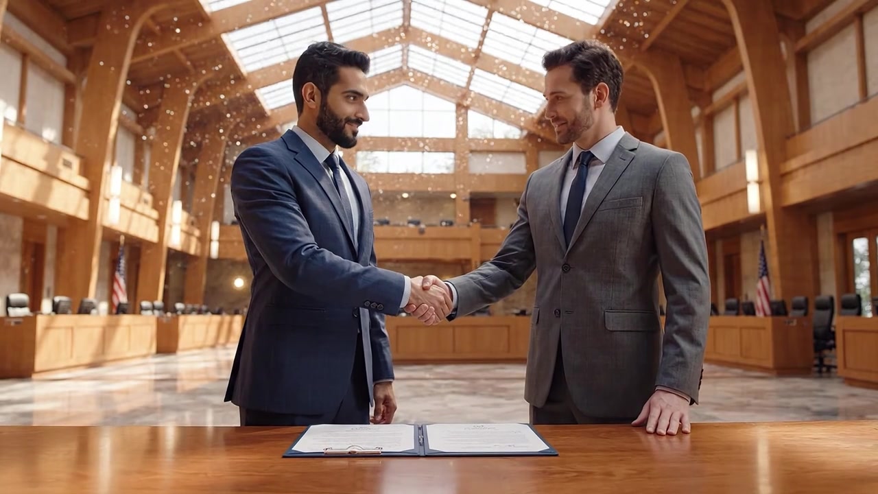 Celebrating a Momentous Agreement: Two Professionals Shaking Hands in a Grand Courtroom Setting, Symbolizing Partnership and Professional Achievement