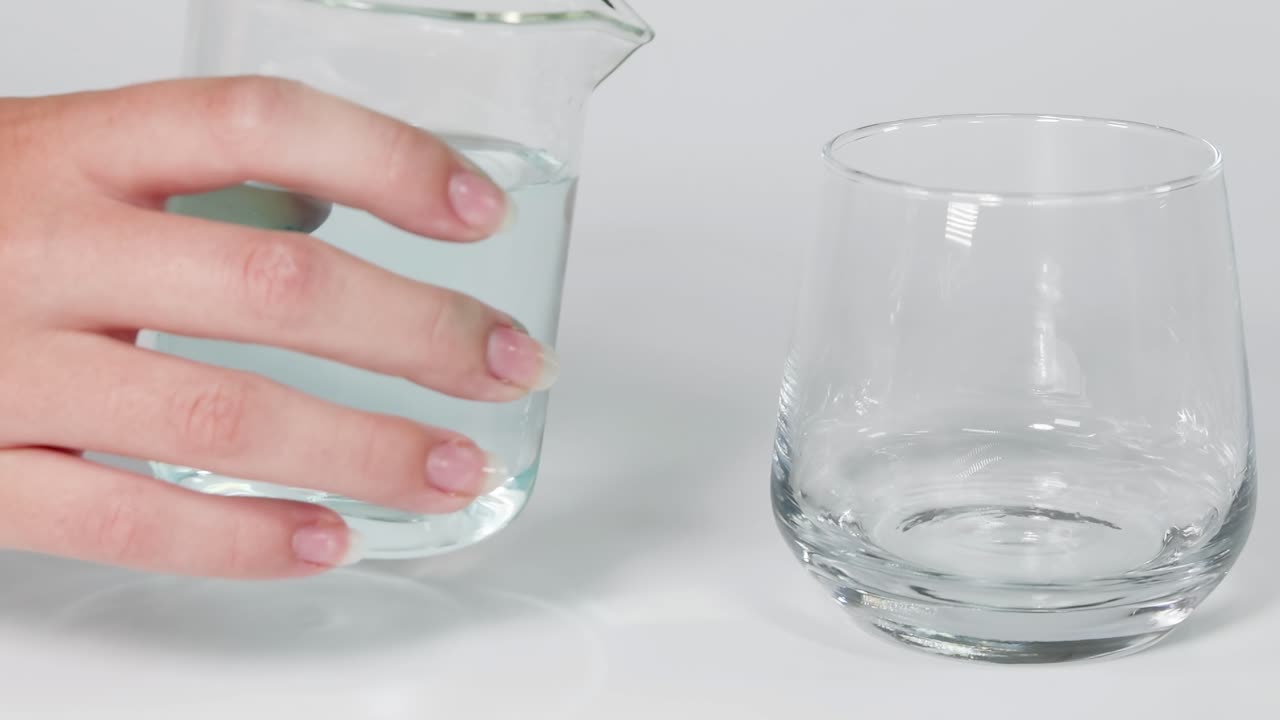 A sequence of hands pouring water from a beaker into a glass on a white surface.